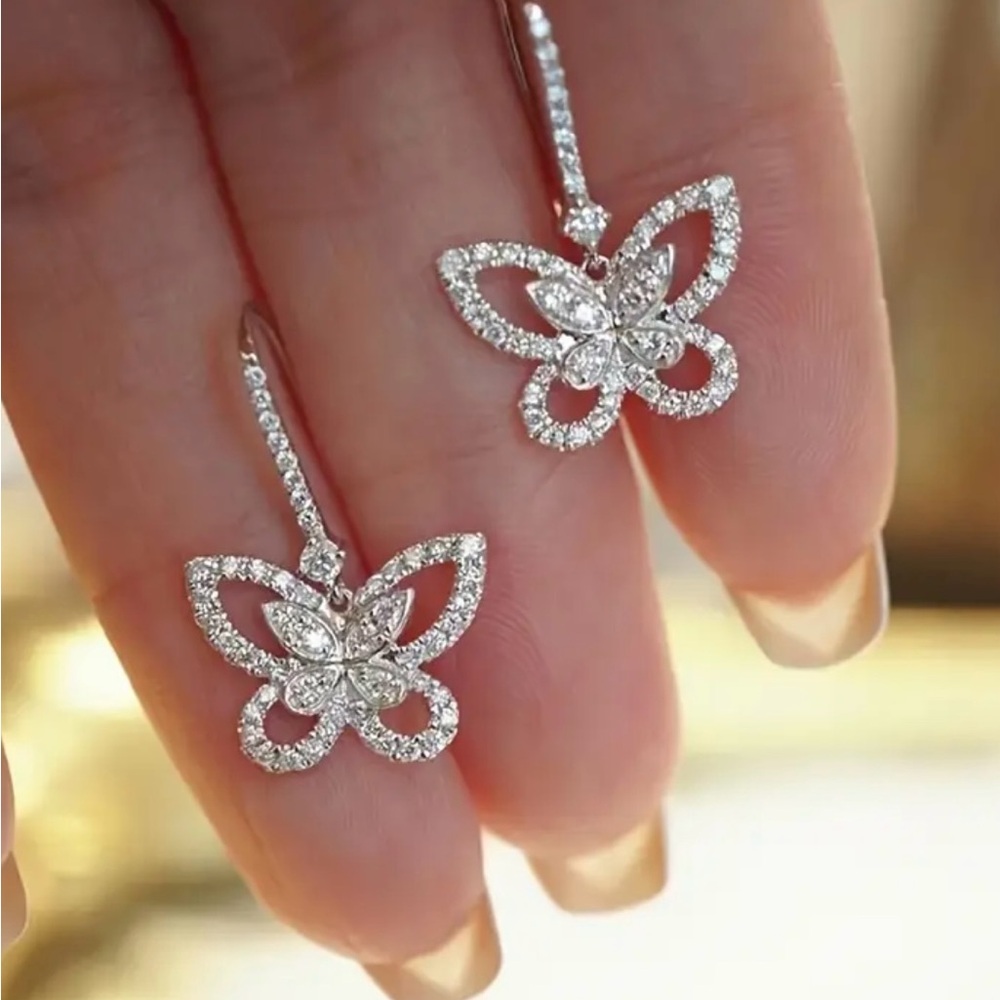 Elegant Silver Butterfly Drop Earrings with Crystal Accents